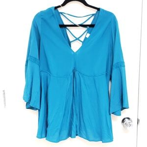 Peacock Blue Bohemian Blouse with Criss Cross Back